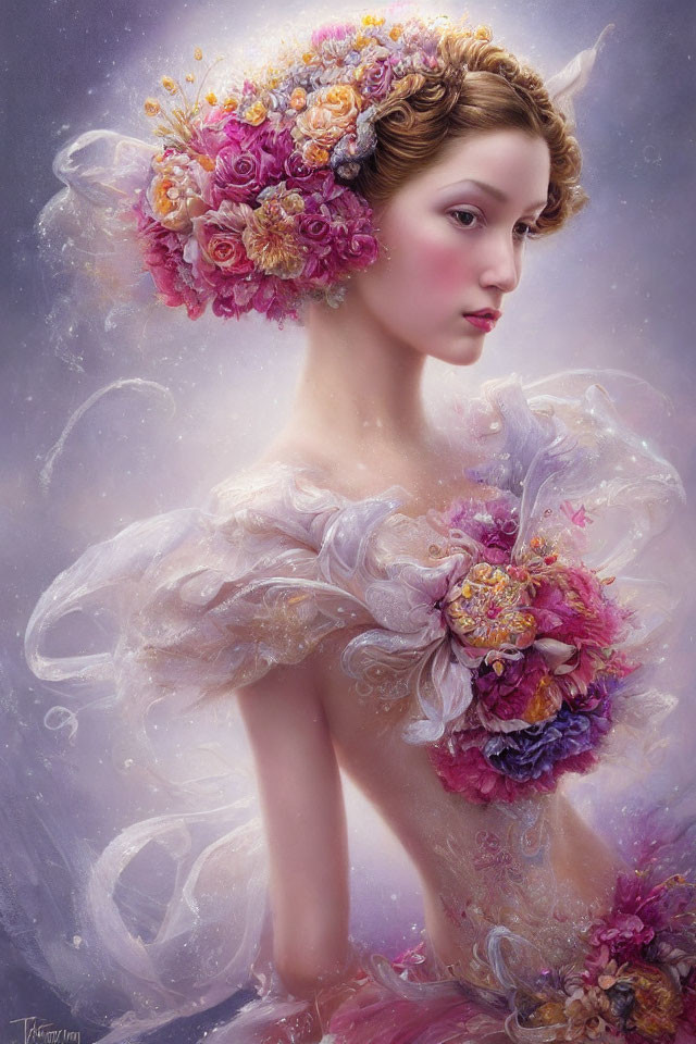 Floral headpiece on ethereal woman in translucent gown