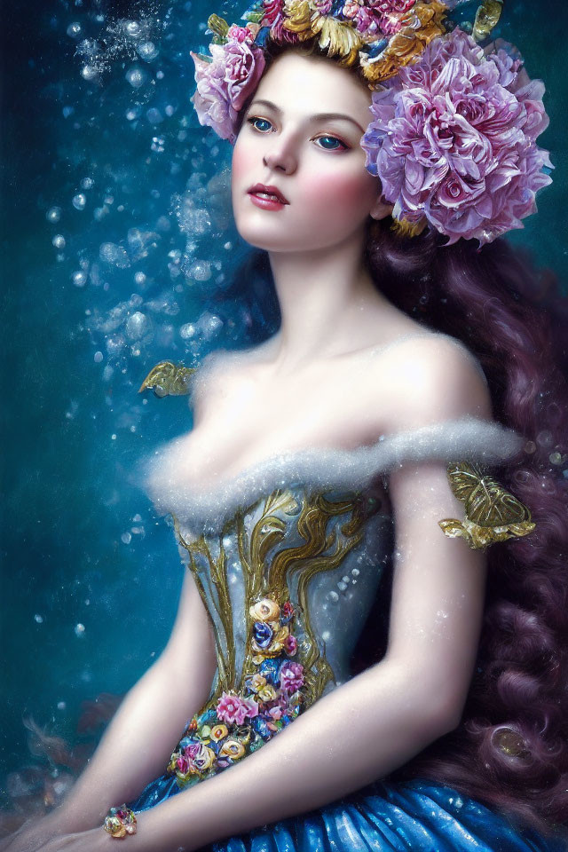 Portrait of woman with floral crown, dark hair, blue dress, bubbles, and golden butterflies