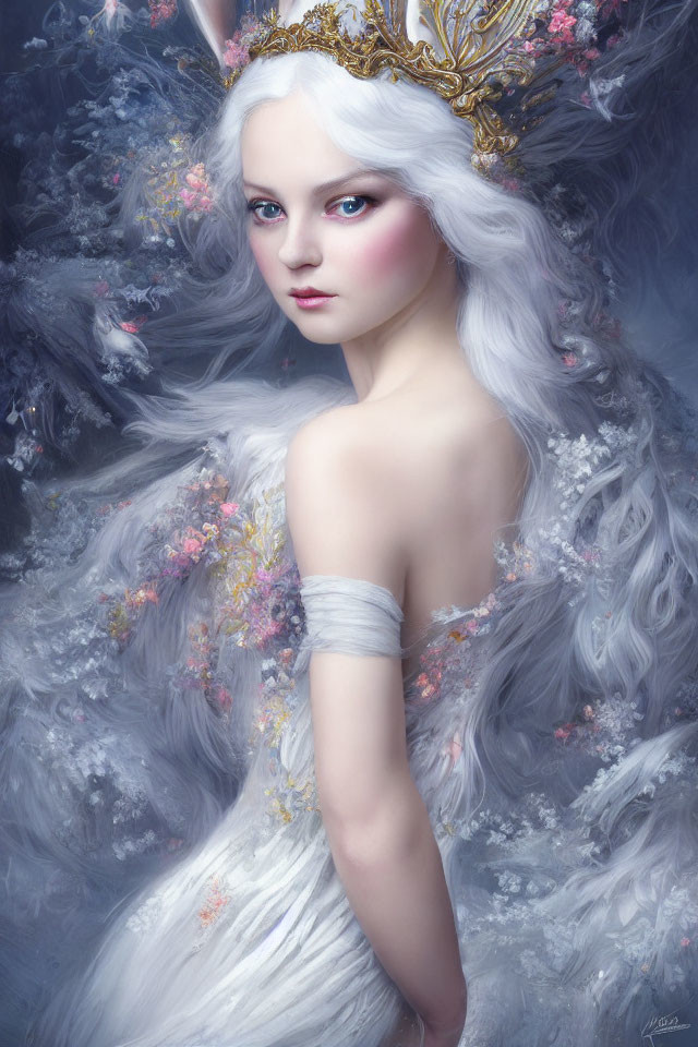 White-haired woman with golden crown in ethereal setting