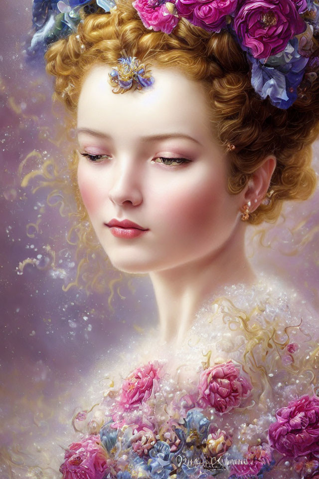 Portrait of serene woman with floral adornments and dreamy ambiance