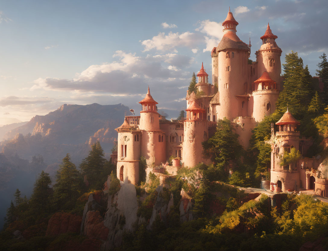 Majestic castle with multiple spires in golden sunlight amidst mountainous landscape at sunset