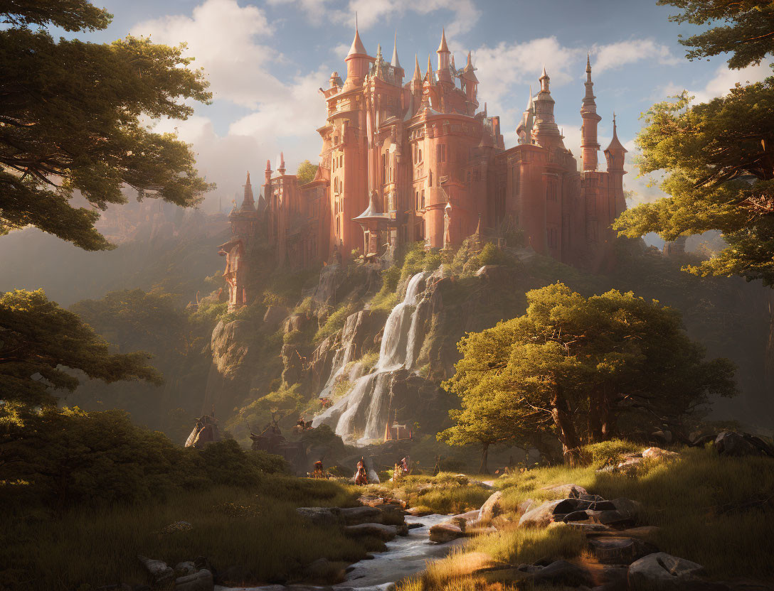 Fantasy castle with spires on waterfall in lush forest