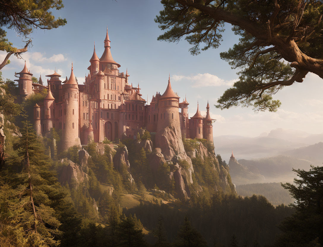 Pink castle on rocky cliff amidst forest, with distant misty landscape.