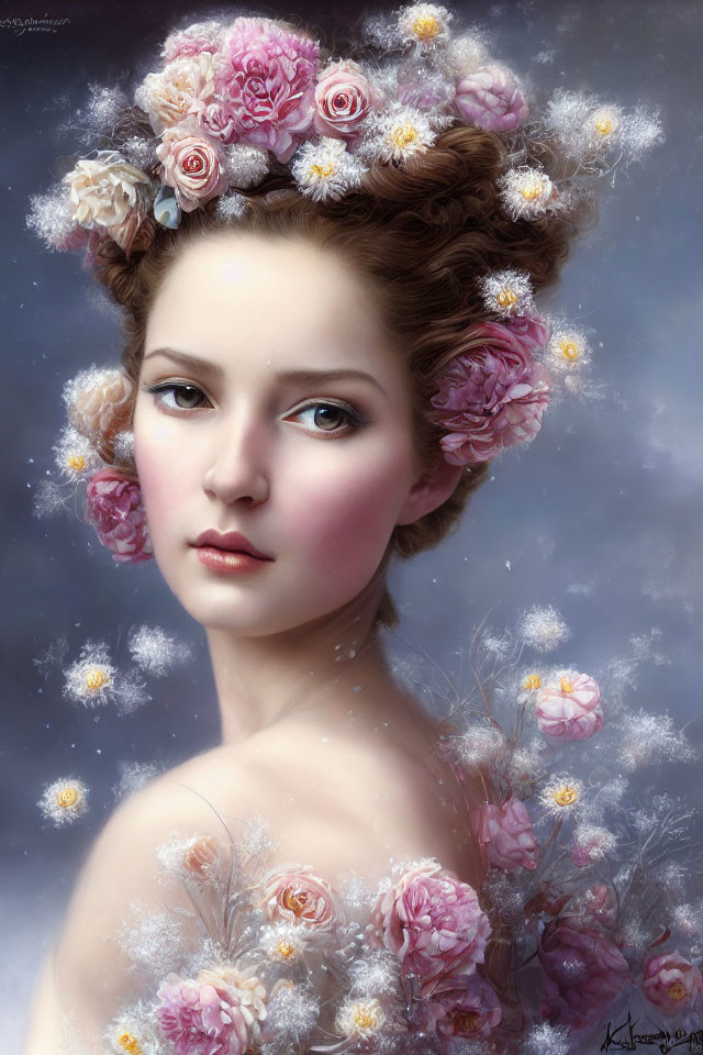 Portrait of Woman with Pink and White Flower Hair and Dandelion Seeds