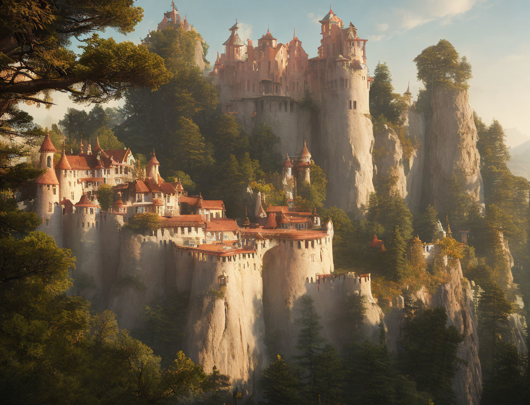 Majestic castle on rocky cliffs surrounded by trees in warm sunlight