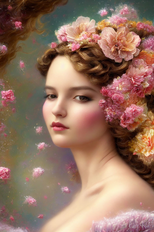 Woman with Flowered Hair in Soft Pink Tones and Dreamy Gaze