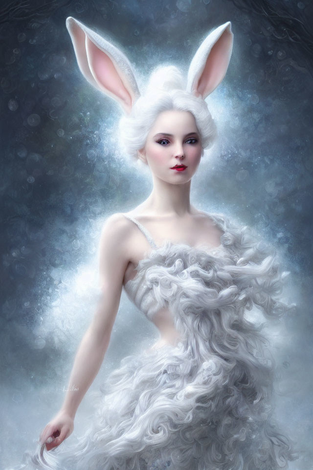 Woman with Rabbit Ears in White Dress Against Snowy Background