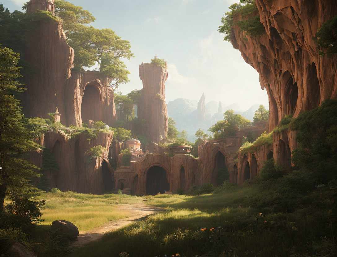 Tranquil fantasy landscape with towering cliffs, ancient ruins, lush vegetation, and winding path