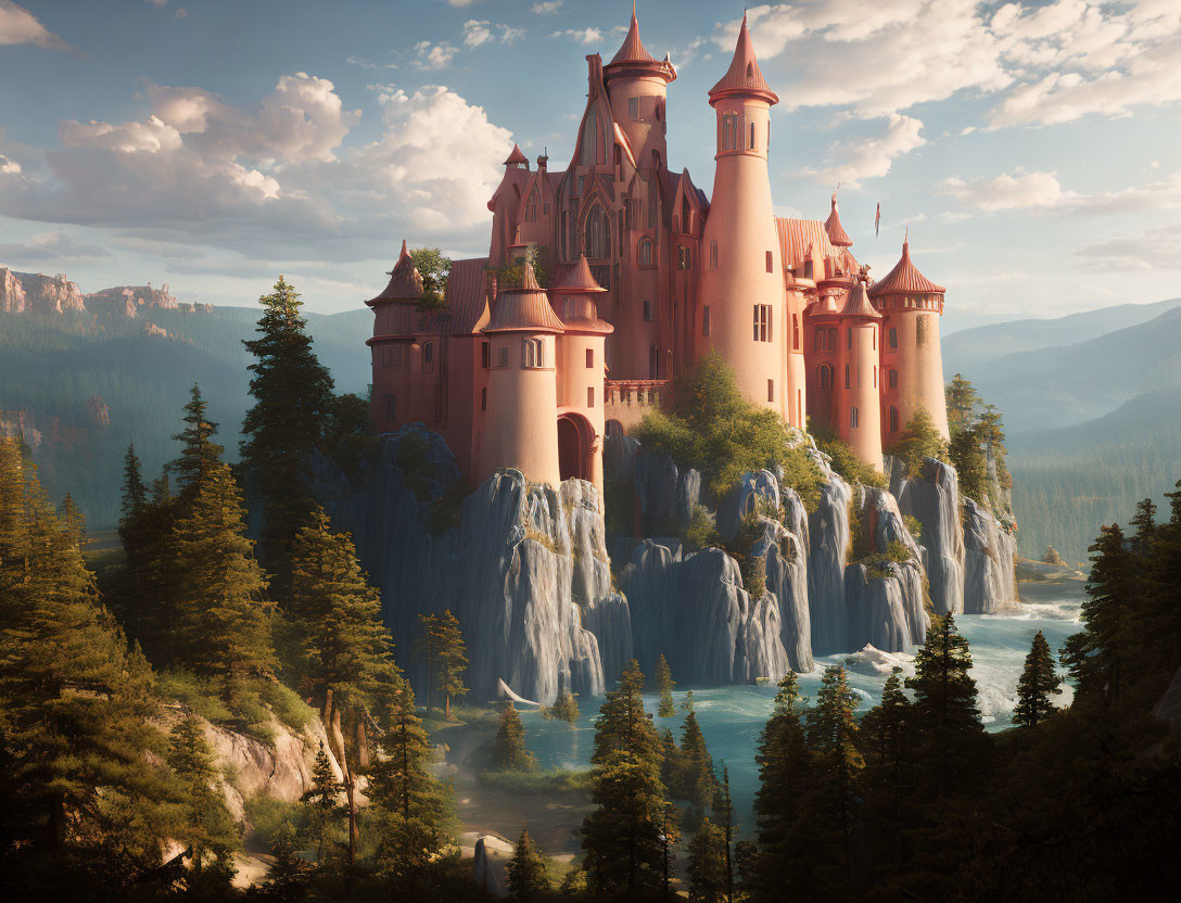 Pink castle with spires on cliff in pine forest under golden sky