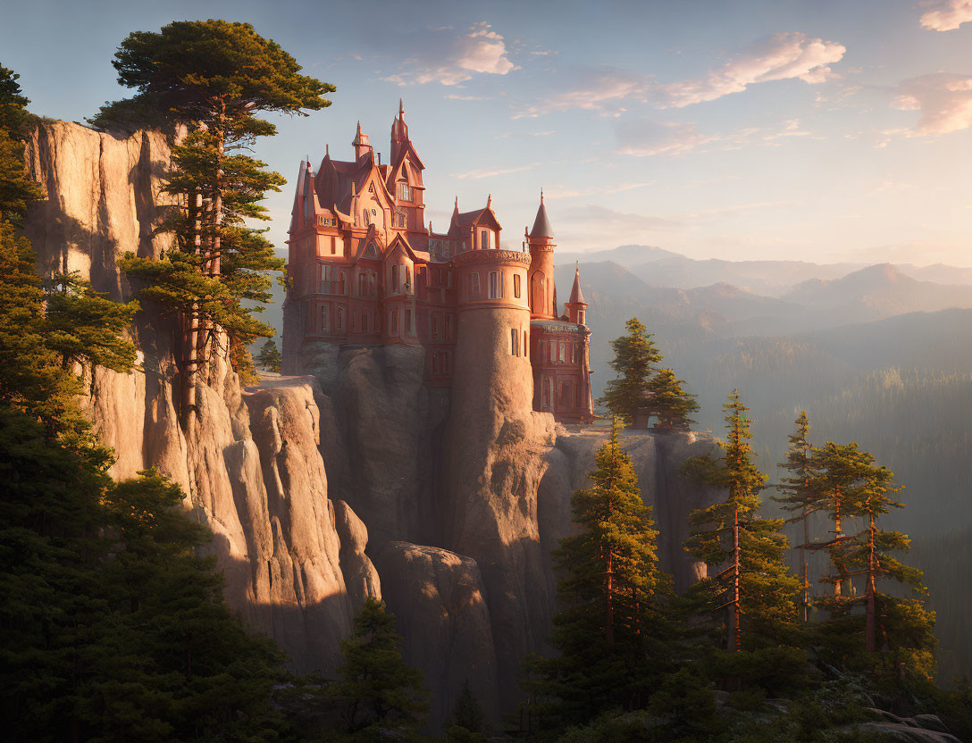 Majestic castle on steep cliff in sunny forest landscape