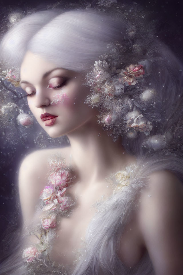 Ethereal beauty portrait of a woman with white hair and closed eyes