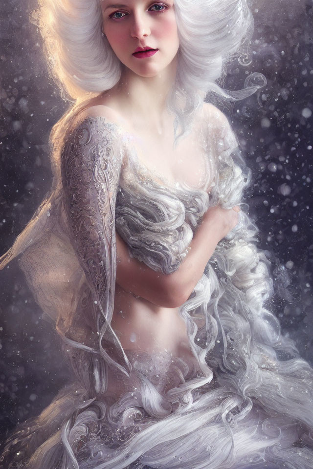 Fantasy art of woman with pale skin, purple-pink eyes, silver tattoos, white garments,