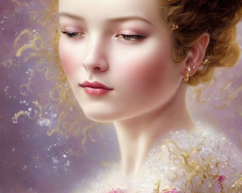 Portrait of serene woman with floral adornments and dreamy ambiance