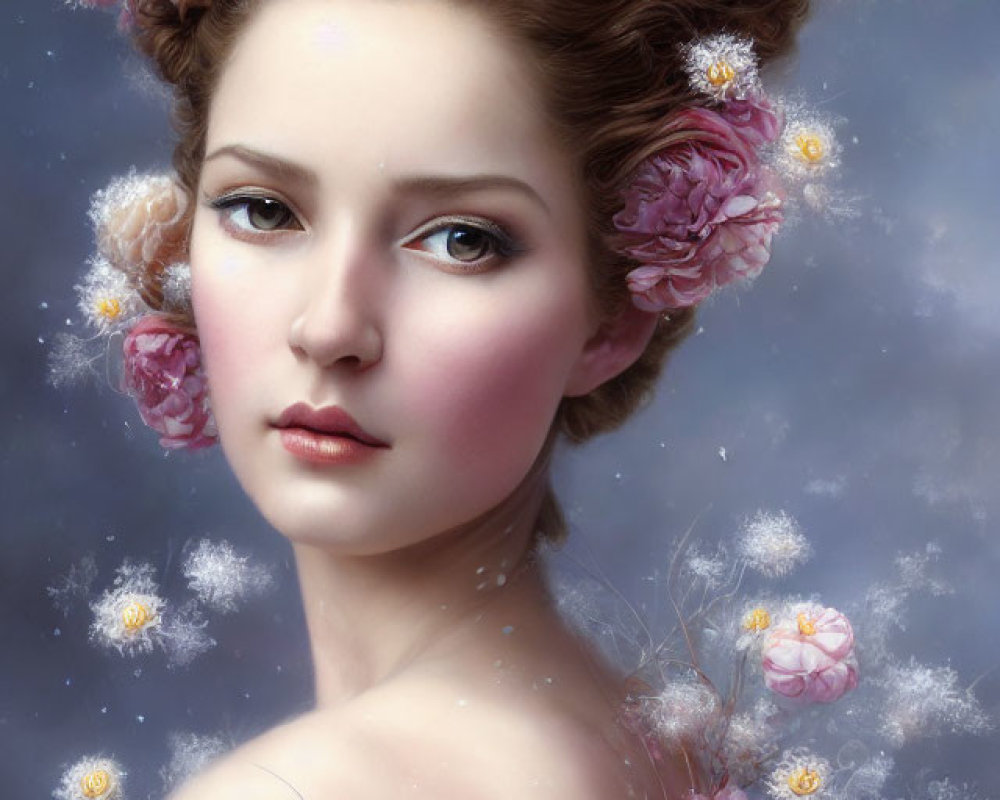 Portrait of Woman with Pink and White Flower Hair and Dandelion Seeds