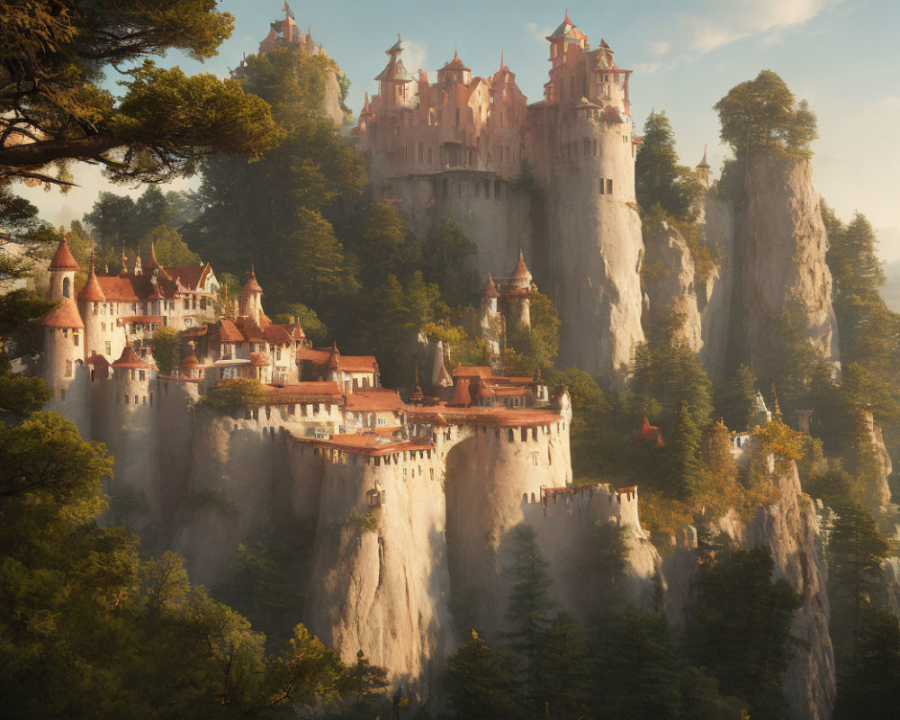 Majestic castle on rocky cliffs surrounded by trees in warm sunlight