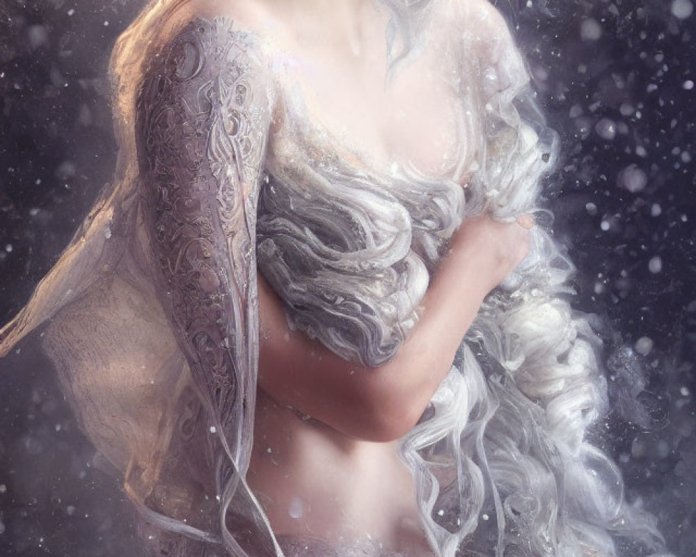 Fantasy art of woman with pale skin, purple-pink eyes, silver tattoos, white garments,