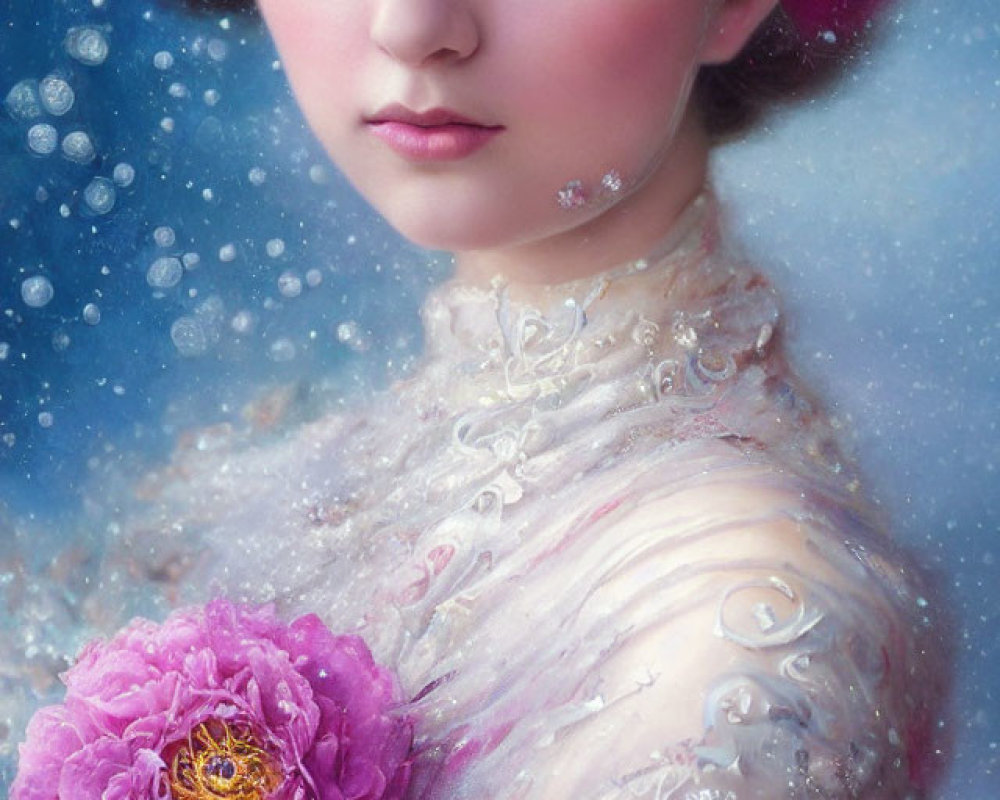 Woman with Pink Roses and Snowflakes in Soft Color Palette