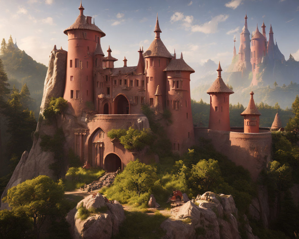 Fantasy castle with multiple spires in lush forest at golden hour