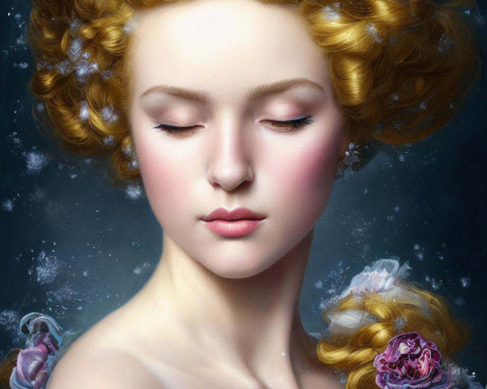 Illustrated portrait of woman with golden curls and flowers on dark background