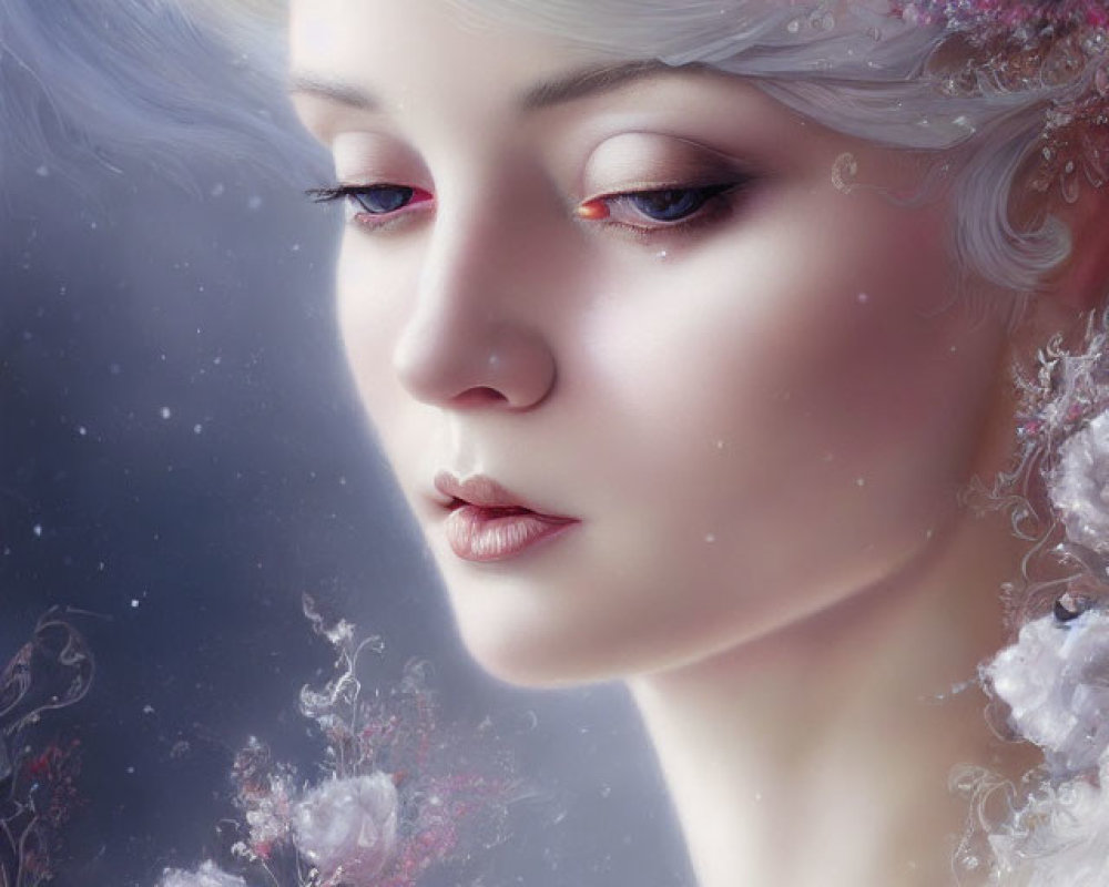 Portrait of woman with ethereal beauty, pale skin, rosy cheeks, red eyelids, delicate