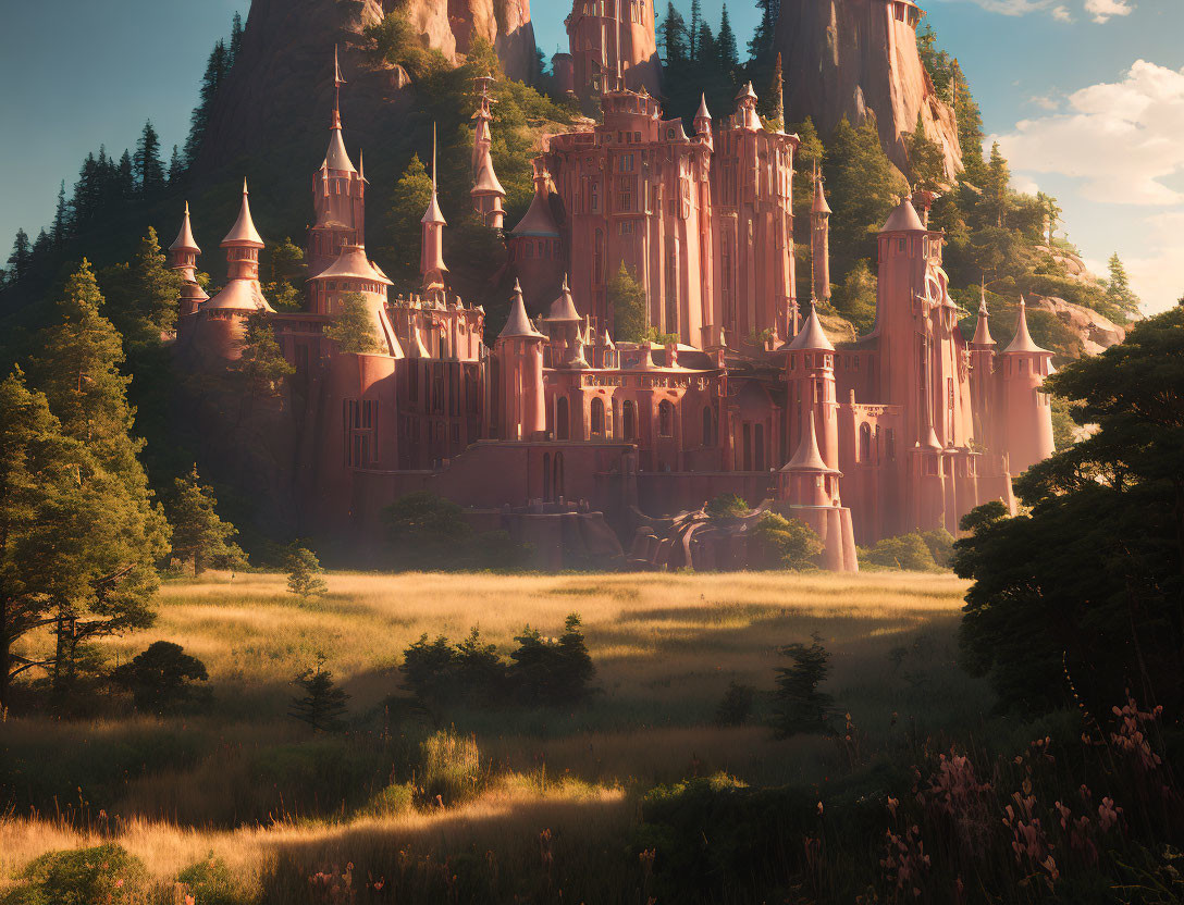 Pink castle with spires in lush forest and sunlit meadow