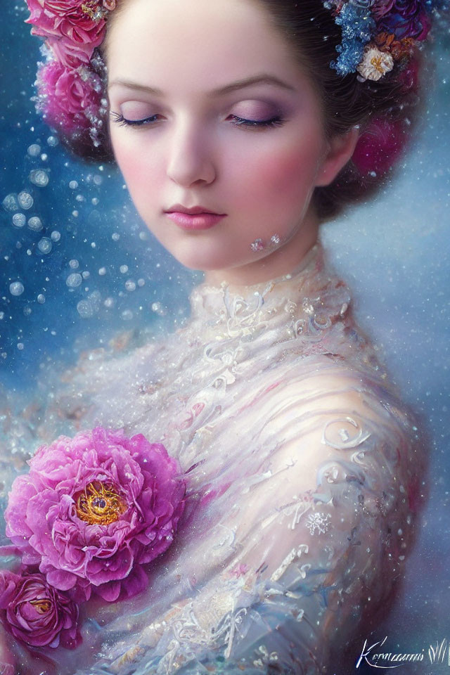 Woman with Pink Roses and Snowflakes in Soft Color Palette