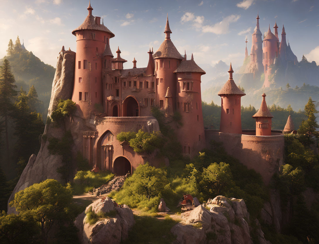 Fantasy castle with multiple spires in lush forest at golden hour