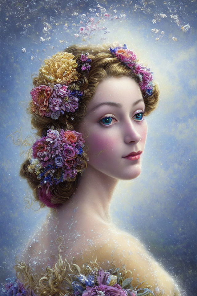 Portrait of a Woman with Colorful Flower Adorned Hairstyle