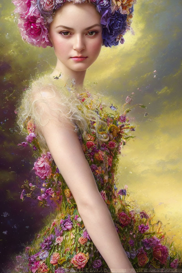 Colorful Floral Dress and Headdress in Digital Painting