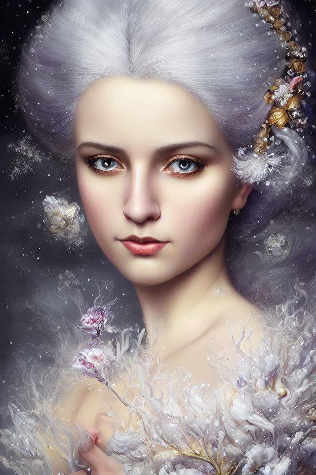 Silver-haired woman with intense blue eyes adorned with flowers in translucent garment on dark background