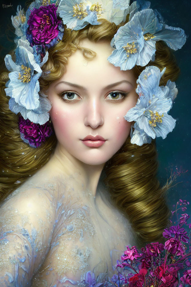 Digital Artwork: Woman with Golden Curls and Floral Crown