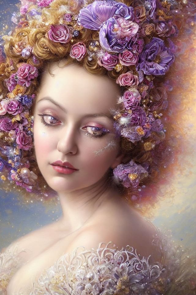 Woman adorned with rose headdress and soft makeup in dreamy setting