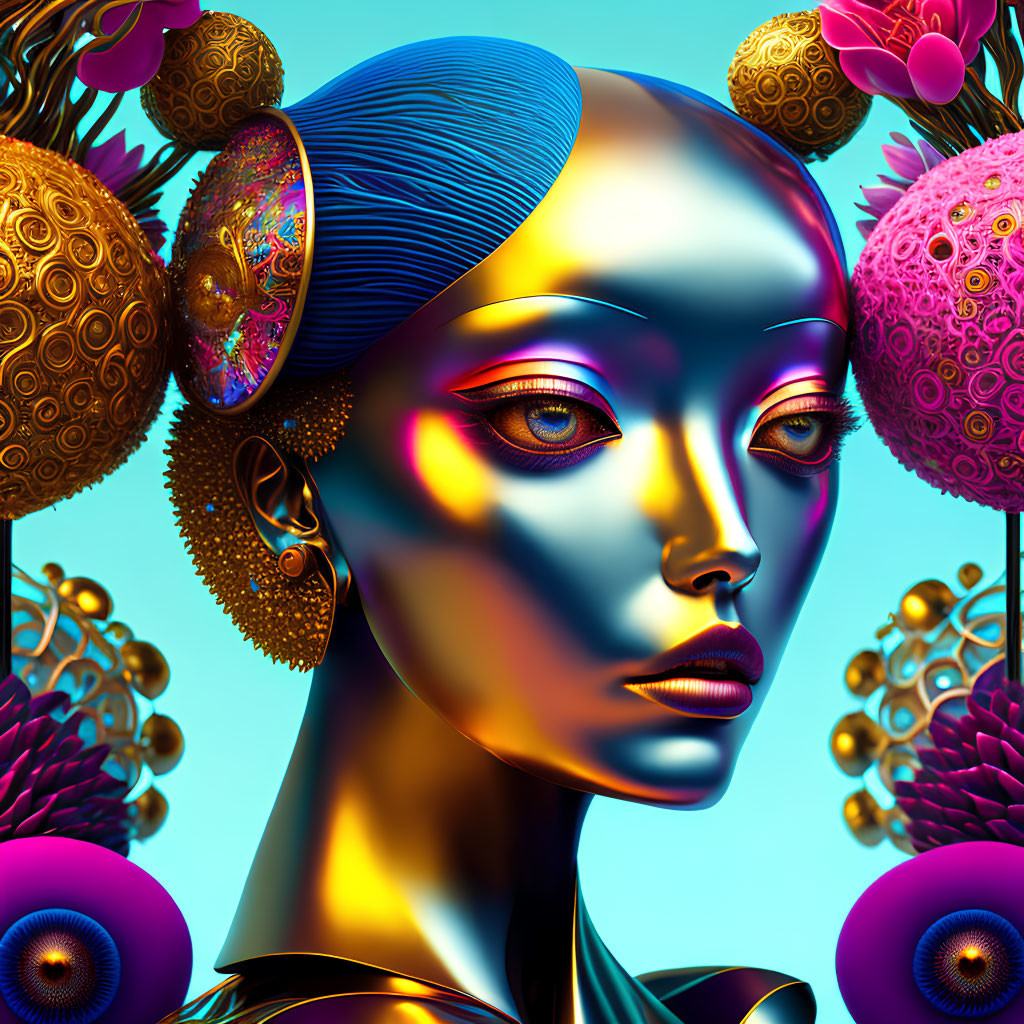 Colorful digital artwork: Female figure with golden metallic skin, surrounded by floral patterns