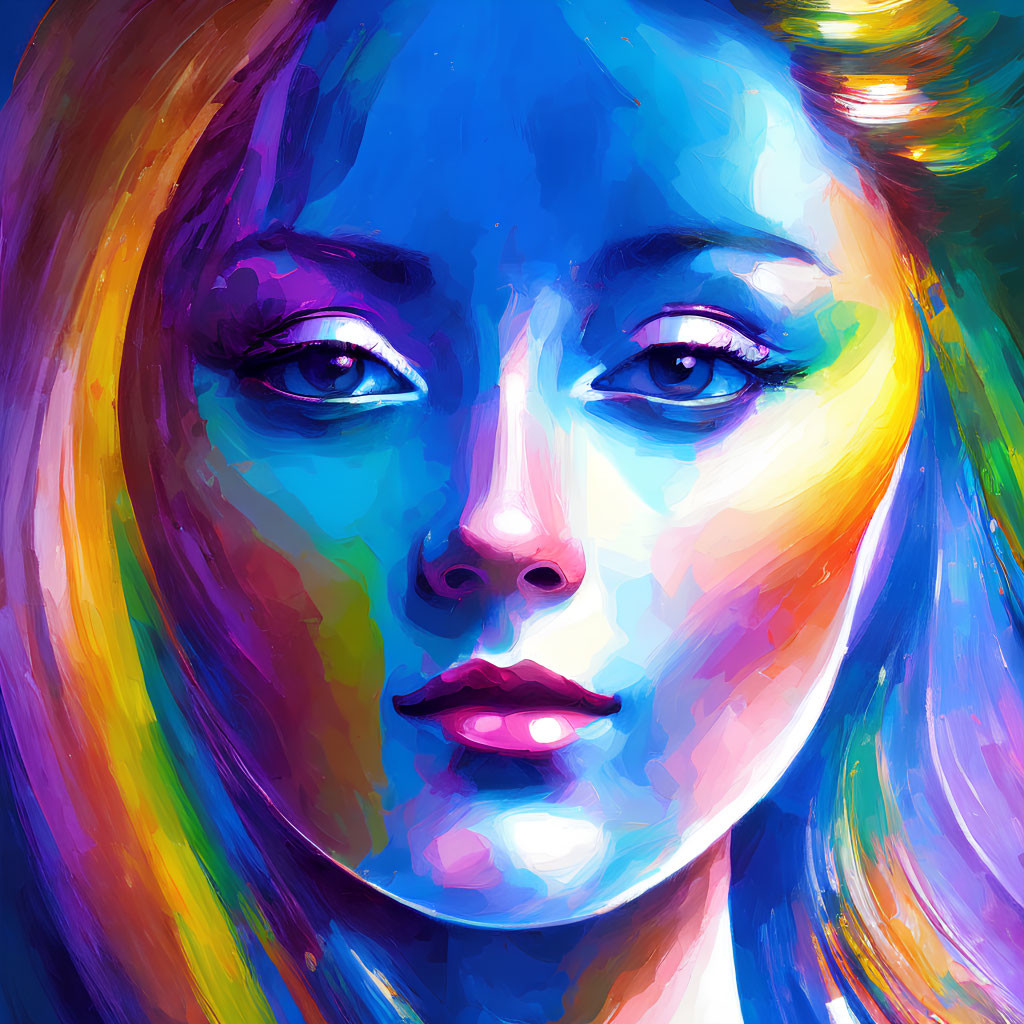 Colorful portrait of a woman with blue and purple hues.