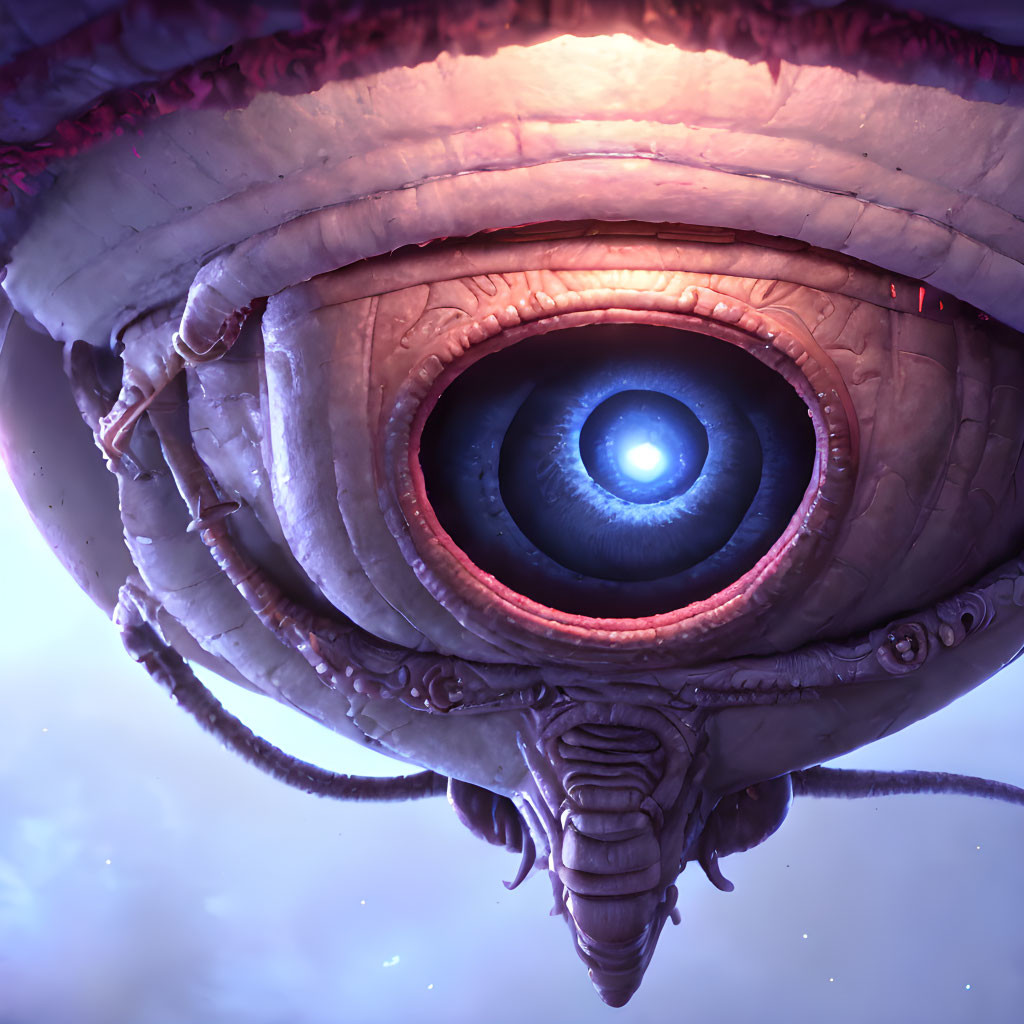 Detailed Eye in Circular Creature Structure with Tentacles on Purple Sky