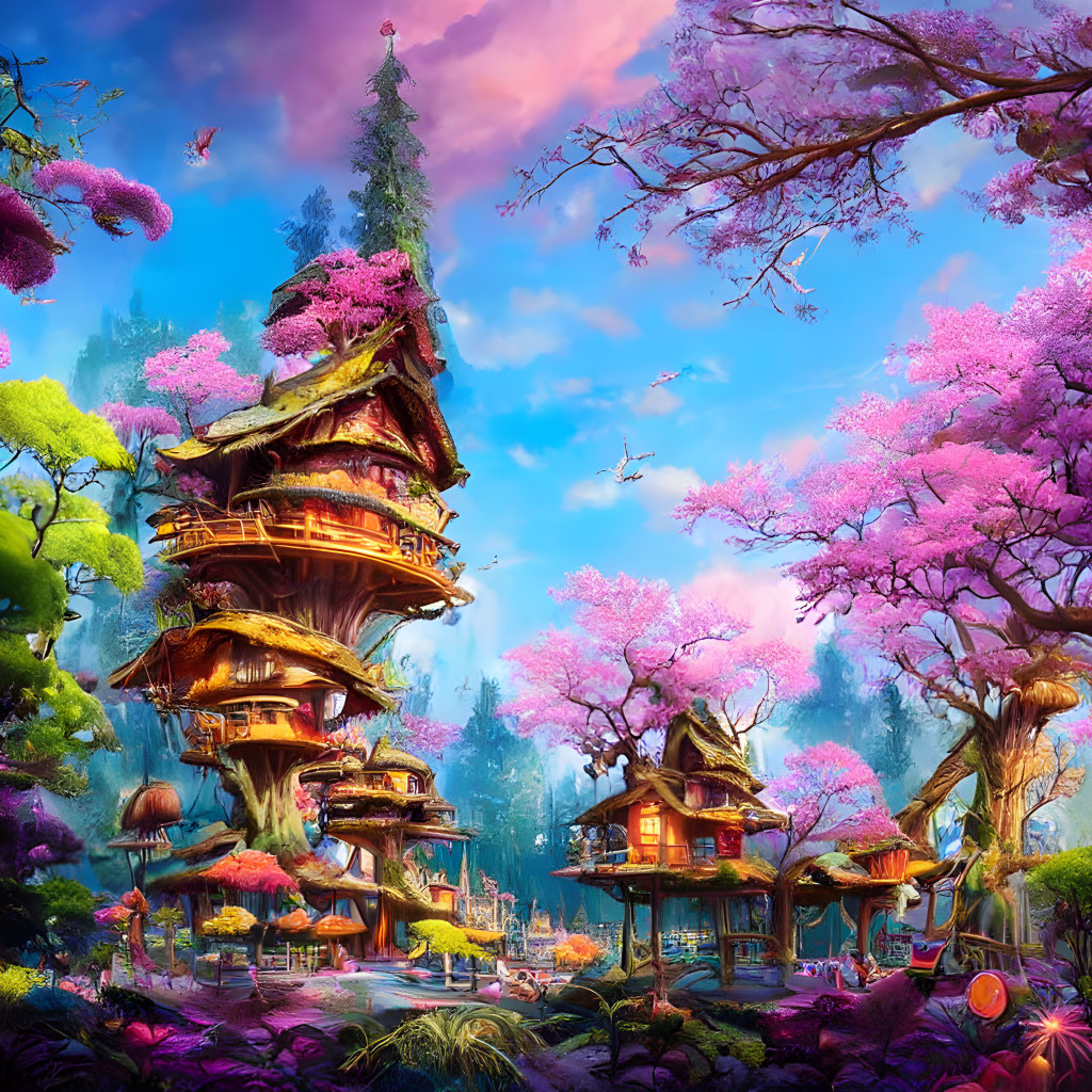 Vibrant fantasy treehouses in pink blossom setting