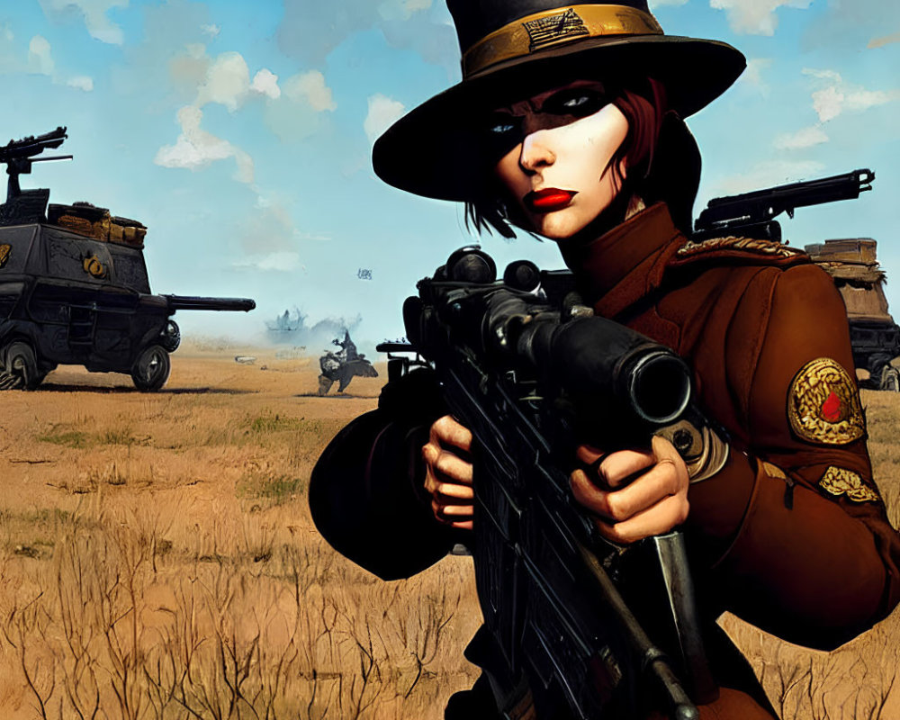 Female sniper with unique hat in battlefield scene with rifle, armored vehicles, helicopter