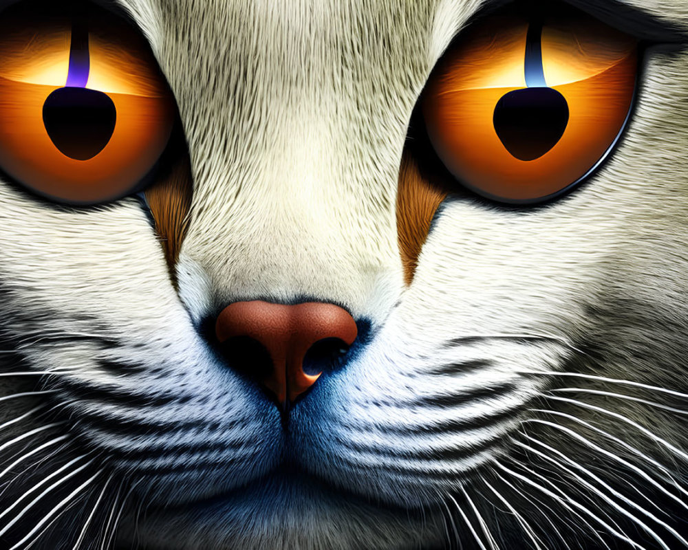 Detailed Cat Face Illustration with Orange Eyes and Whiskers