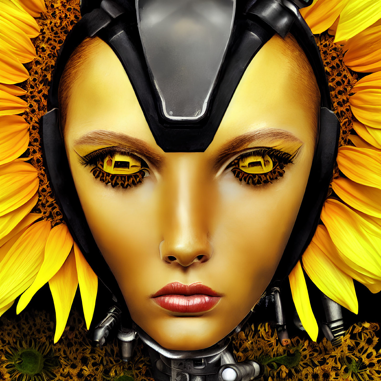 Digital art portrait of female figure with human and robotic traits, yellow eyes, and sunflowers.