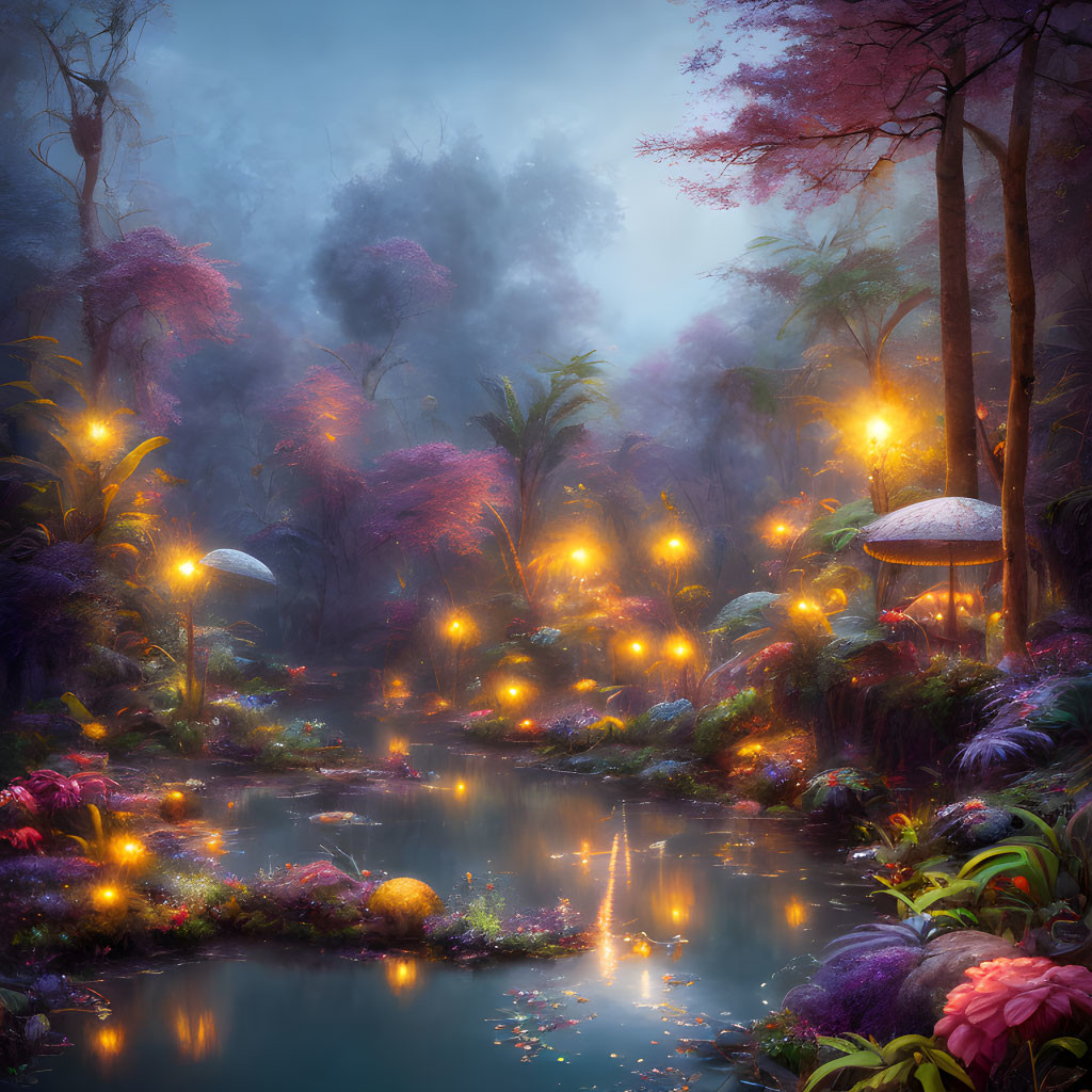 Enchanted forest with glowing lights, large mushrooms, serene pond, colorful foliage