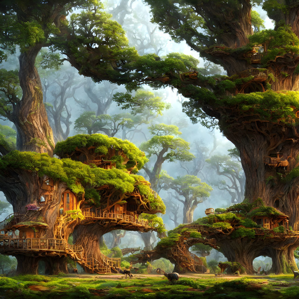 Ancient treehouses in misty forest setting