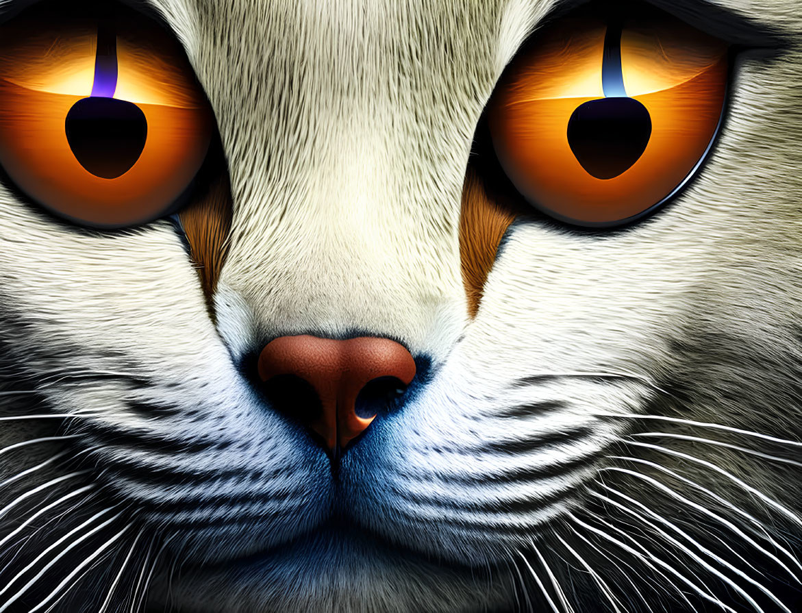 Detailed Cat Face Illustration with Orange Eyes and Whiskers