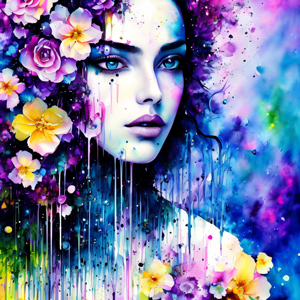 Colorful artwork: Woman with blue skin, surrounded by flowers and cosmic paint drips