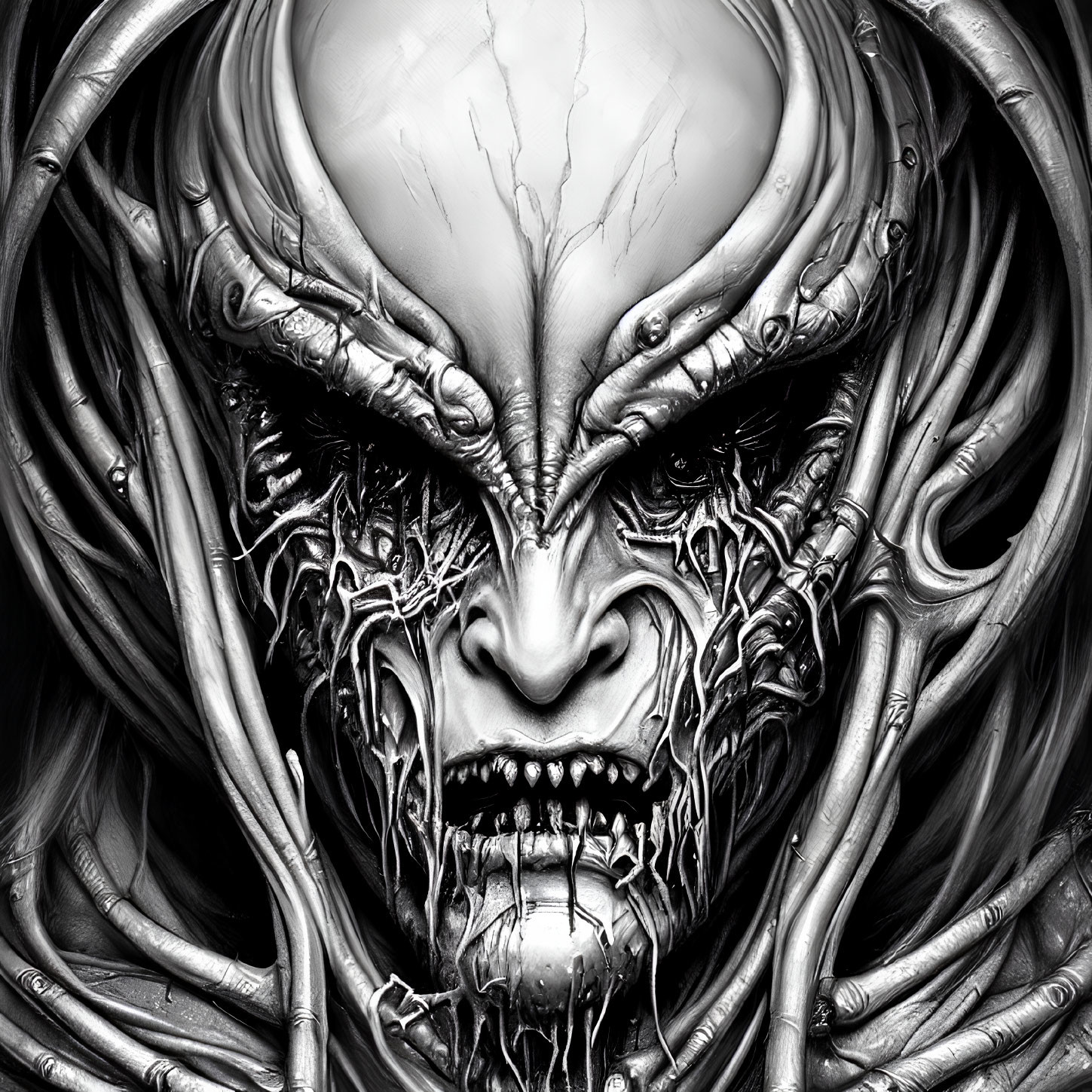 Detailed monochrome alien face with sharp features and organic armor textures