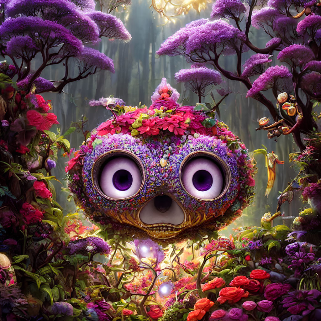 Colorful Floral Creature in Mystical Forest with Glowing Orbs