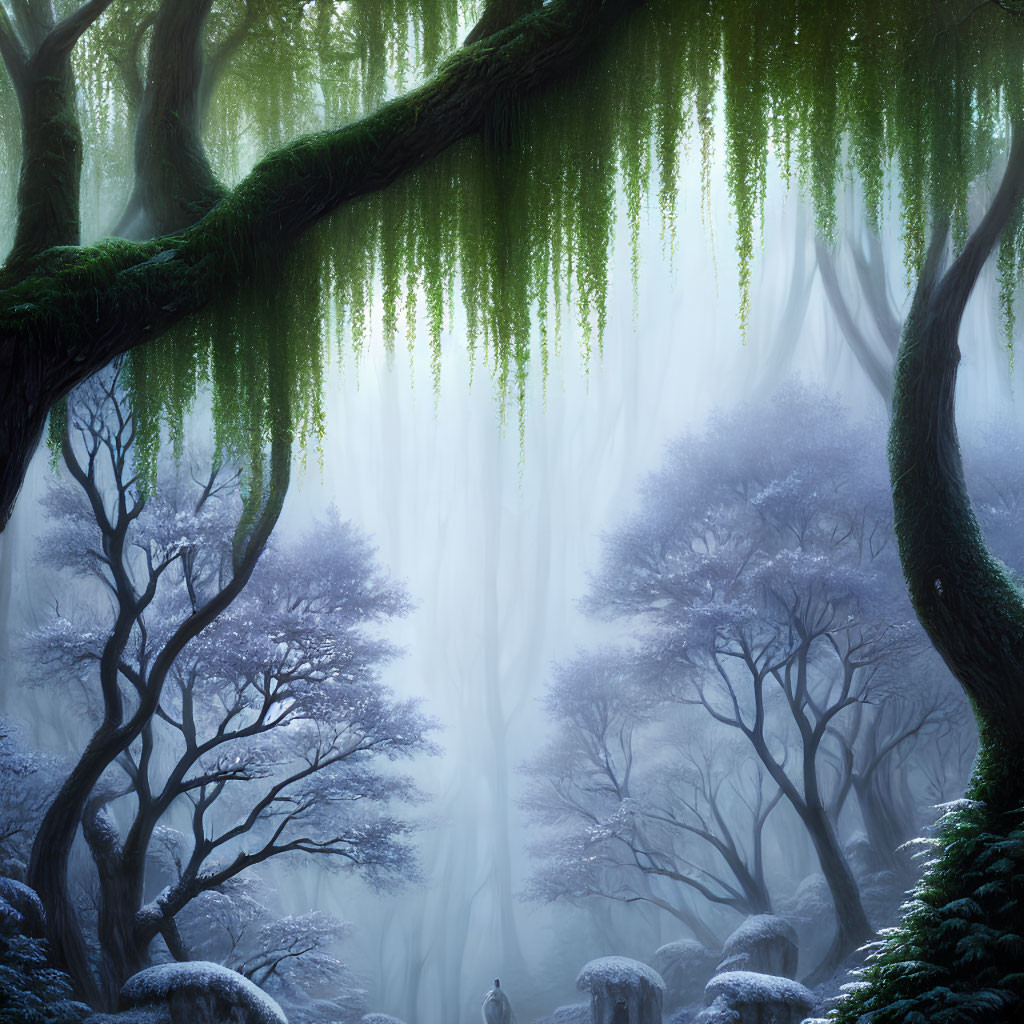 Misty forest with towering green trees and lone figure in mystical setting