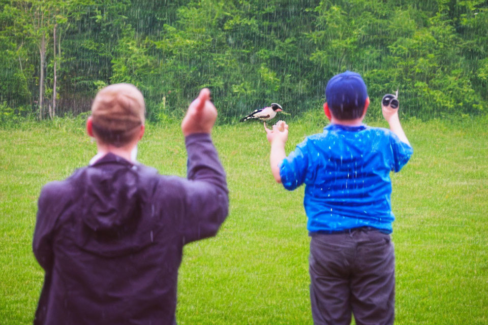 Two individuals in rainy field watching RC plane.