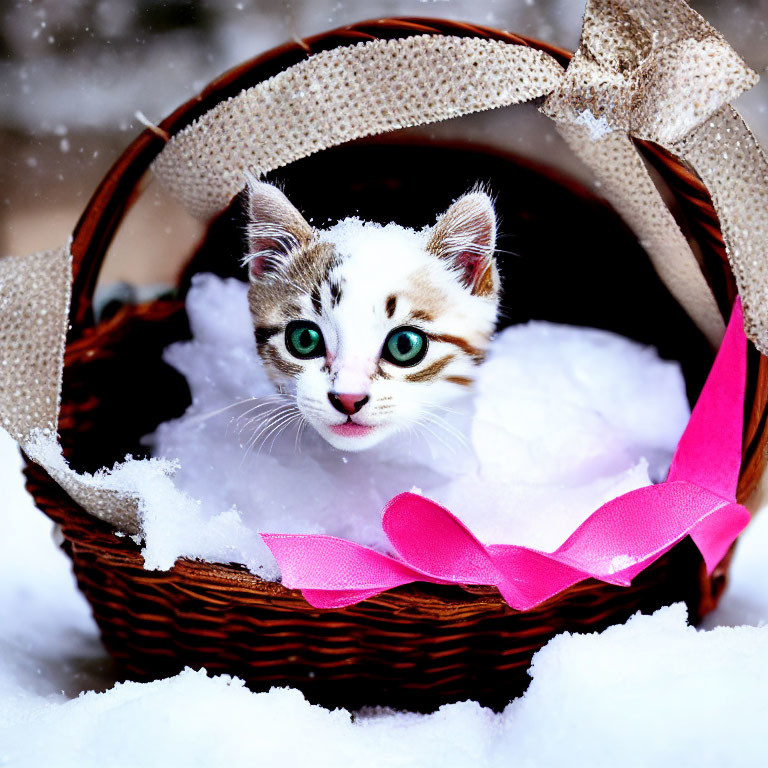 Adorable kitten with green eyes in snowy basket with pink ribbon