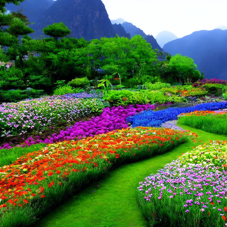 Multicolored Flower Beds in Vibrant Garden with Misty Mountain Backdrop