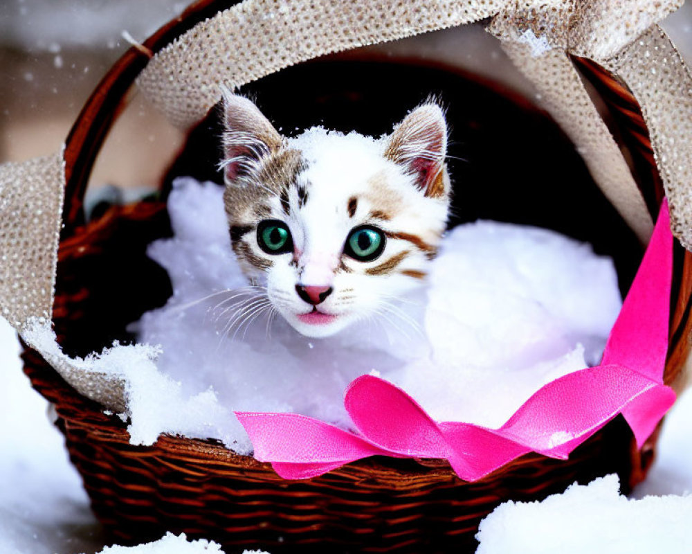 Adorable kitten with green eyes in snowy basket with pink ribbon